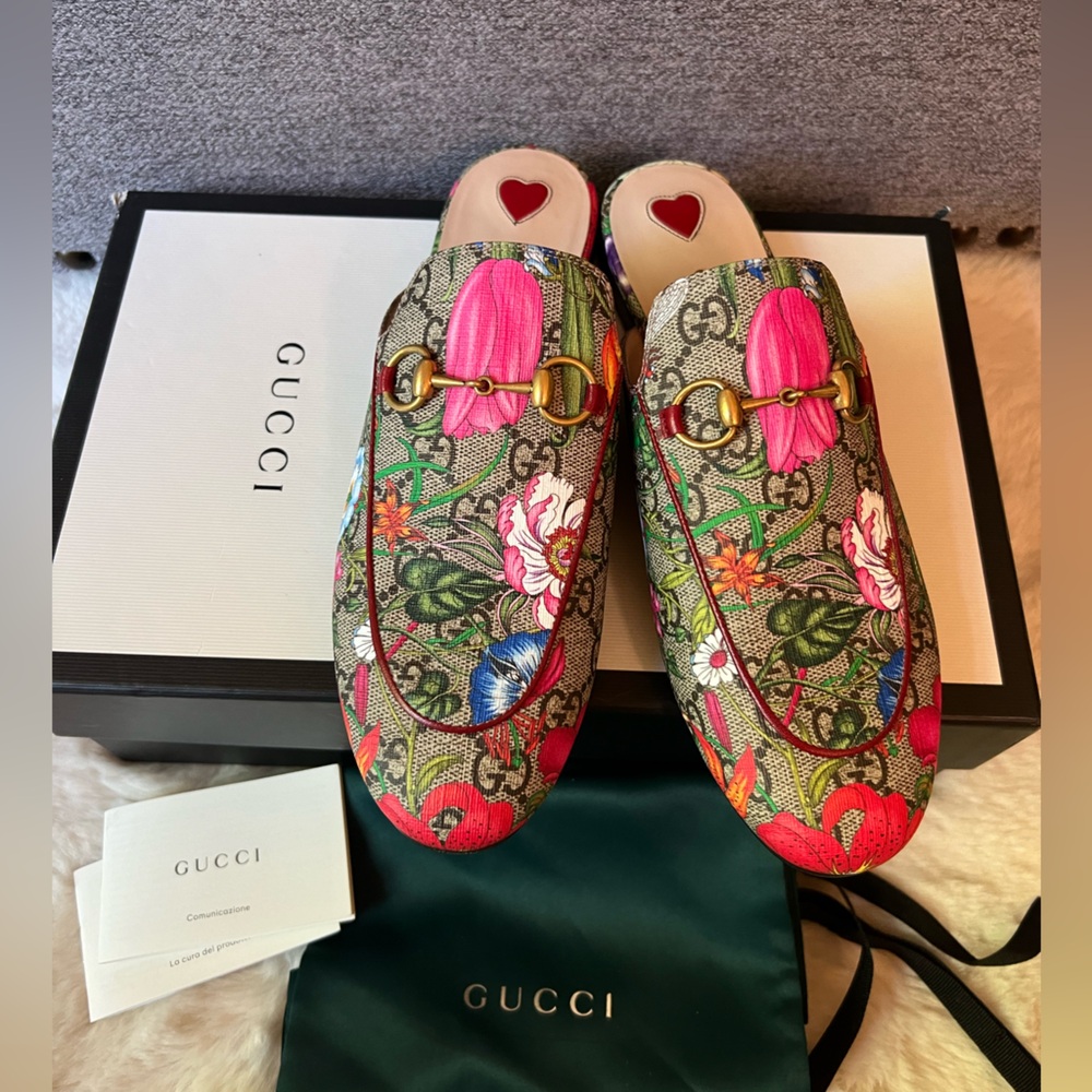New GUCCI GG Supreme Monogram Flora Womens Princetown Slippers 37 Beige …
